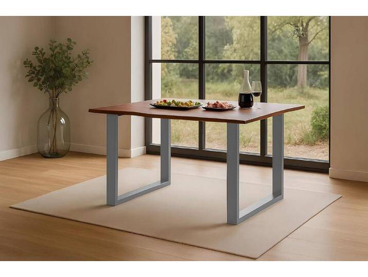 SAM® Baumkantentisch Roxette, Akazienholz, Baumkante, Metallgestell verschiedene Formen, braun, U-Gestell silber, 120x80, silber von SAM-Stil-Art-Möbel