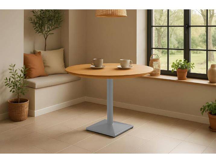 SAM® Bistrotisch Bauru, massive Eiche, Schweizer Kante, Säulengestell Metall, beige, 100x100, silber von SAM-Stil-Art-Möbel