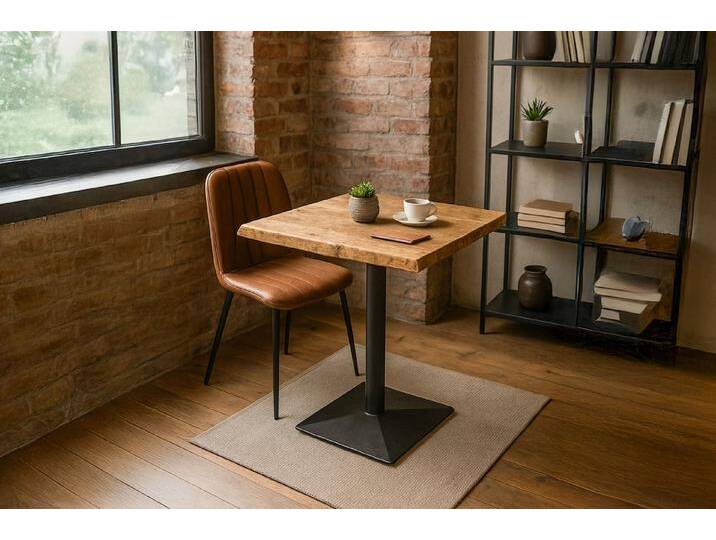 SAM® Bistrotisch Ingmar, massives Akazien- oder Mangoholz, Baumkante, Säulengestell aus Metall, beige, 60x60 von SAM-Stil-Art-Möbel