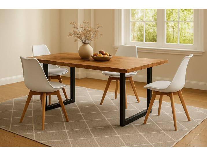 SAM® Essgruppe Lovela, massive Akazienholz, Metallgestell U-Form schwarz und Stühle, 4x Lovely weiß von SAM-Stil-Art-Möbel