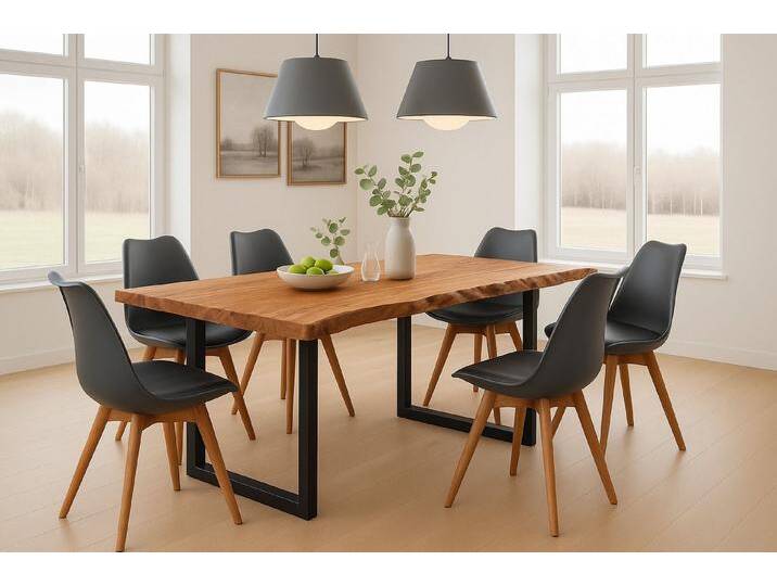 SAM® Essgruppe Lovela, massive Akazienholz, Metallgestell U-Form schwarz und Stühle, 6x Lovely schwarz von SAM-Stil-Art-Möbel