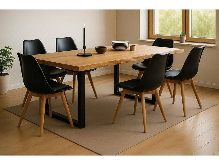 SAM® Essgruppe Lovele, massive Wildeiche, Metallgestell U-Form schwarz und Stühle, 6x Lovely schwarz von SAM-Stil-Art-Möbel