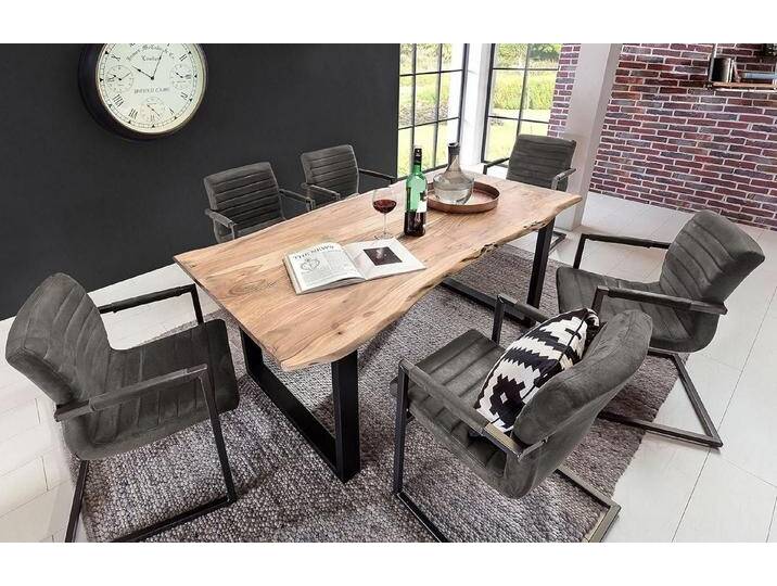 SAM® Essgruppe Varius, massives Akazienholz, Baumkante, Metallgestell und 6 Stühle, grau, 140x80, anthrazit von SAM-Stil-Art-Möbel