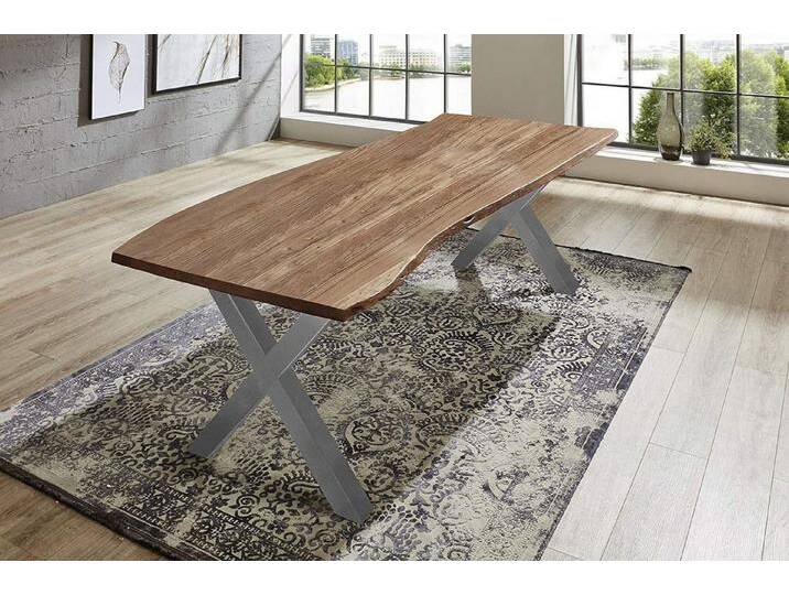 SAM® Esstisch Argos, Akazienholz, echte Baumkante, Metallgestell X-Form, bis 3 Meter, beige, X-Gestell silber, 180x90 von SAM-Stil-Art-Möbel