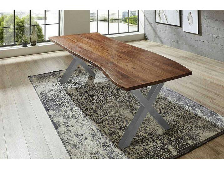 SAM® Esstisch Argos, Akazienholz, echte Baumkante, Metallgestell X-Form, bis 3 Meter, braun, X-Gestell silber, 300x100 von SAM-Stil-Art-Möbel