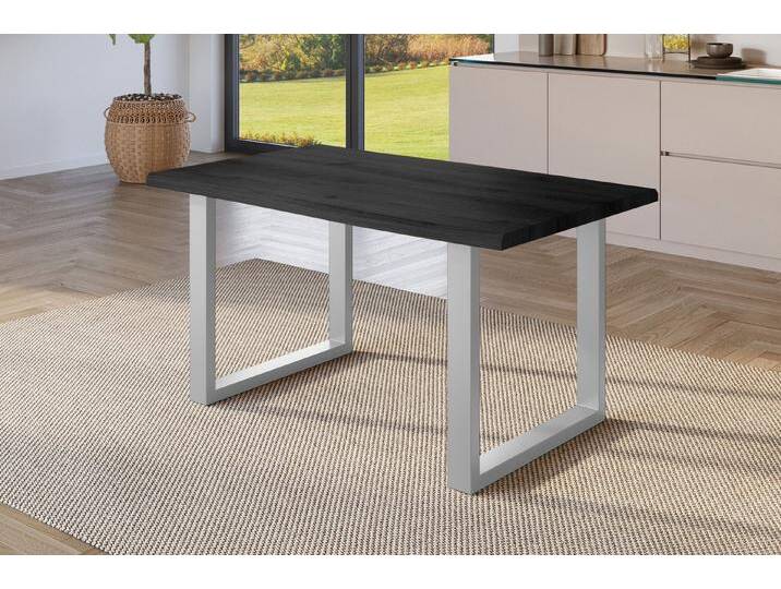 SAM® Esstisch Joel, Holz Grau-Optik, verschiedene Metallgestelle, Baumkante, grau, Metallgestell U-Form silber, 120x80, silber von SAM-Stil-Art-Möbel