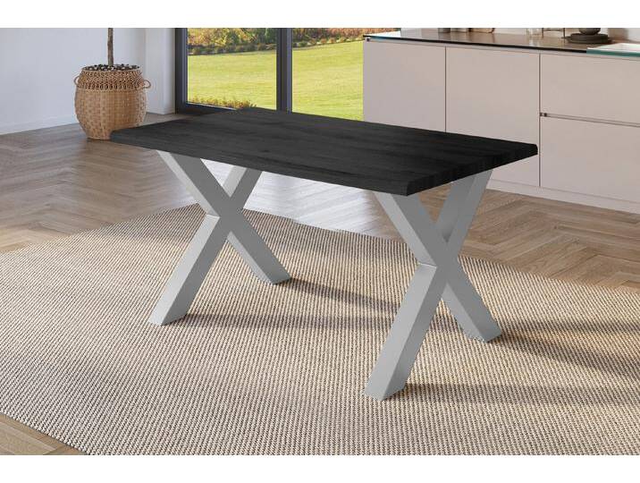 SAM® Esstisch Joel, Holz Grau-Optik, verschiedene Metallgestelle, Baumkante, grau, Metallgestell X-Form silber, 160x85, silber von SAM-Stil-Art-Möbel