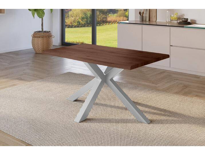 SAM® Esstisch Jonas, Holz Nussbaum-Optik, verschiedene Metallgestelle, Baumkante, braun, Metallgestell Spider-Form silber, 120x80, silber von SAM-Stil-Art-Möbel