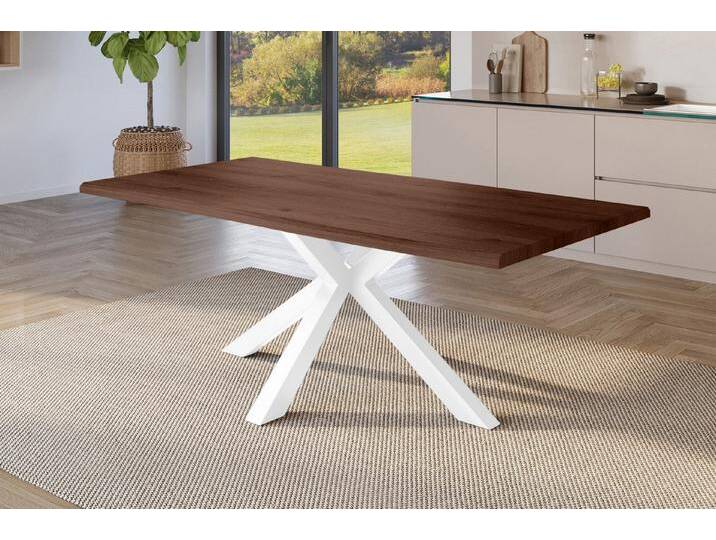 SAM® Esstisch Jonas, Holz Nussbaum-Optik, verschiedene Metallgestelle, Baumkante, braun, Metallgestell Spider-Form weiß, 200x100, weiß von SAM-Stil-Art-Möbel
