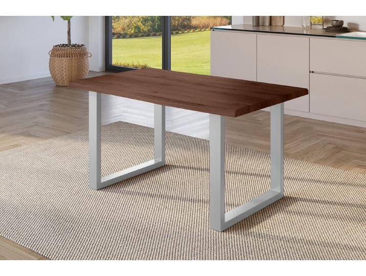 SAM® Esstisch Jonas, Holz Nussbaum-Optik, verschiedene Metallgestelle, Baumkante, braun, Metallgestell U-Form silber, 120x80, silber von SAM-Stil-Art-Möbel