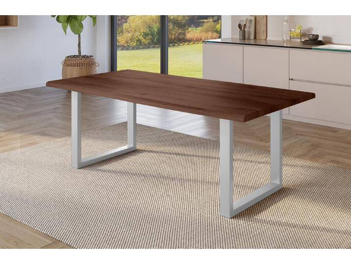 SAM® Esstisch Jonas, Holz Nussbaum-Optik, verschiedene Metallgestelle, Baumkante, braun, Metallgestell U-Form silber, 240x100, silber von SAM-Stil-Art-Möbel