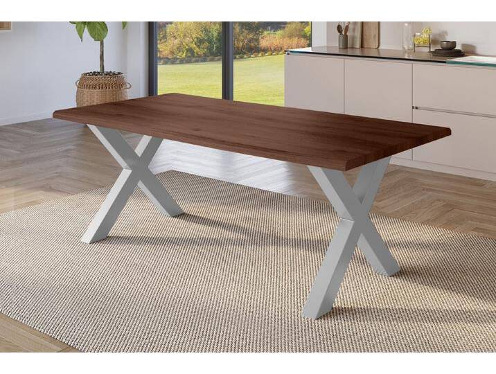 SAM® Esstisch Jonas, Holz Nussbaum-Optik, verschiedene Metallgestelle, Baumkante, braun, Metallgestell X-Form silber, 200x100, silber von SAM-Stil-Art-Möbel