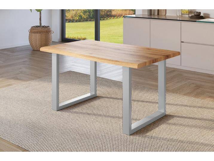 SAM® Esstisch Juliane, Holz Wildeiche-Optik, verschiedene Metallgestelle, Baumkante, beige, Metallgestell U-Form silber, 120x80, silber von SAM-Stil-Art-Möbel