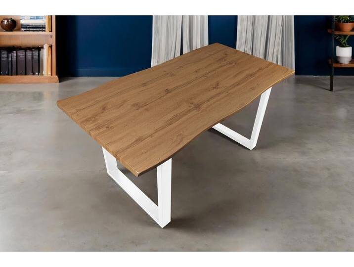 SAM® Esstisch Thora, Holz Wildeiche-Optik, U-Metallgestell, Baumkante, beige, Metallgestell U-Form weiß, 180x90, weiß von SAM-Stil-Art-Möbel