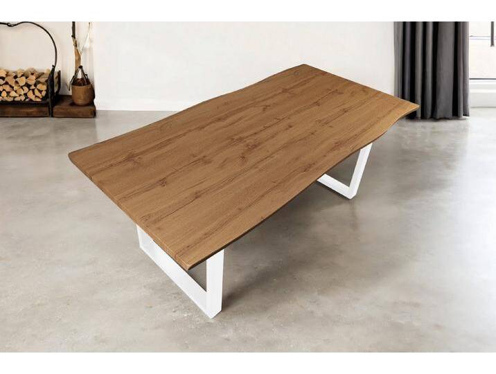 SAM® Esstisch Thora (1 Tischplatte und 2 Gestelle), verschiedene Holz-Optiken, U-Metallgestell, Baumkante, beige, Metallgestell U-Form weiß, 240x100 von SAM-Stil-Art-Möbel