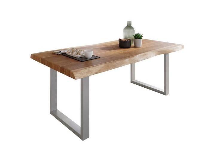 SAM® Esstisch Waves, Akazie o. Mango, gedoppelte Tischplatte, Metallgestell U-Form, bis 3m, beige, U-Gestell Silber, Silber von SAM-Stil-Art-Möbel