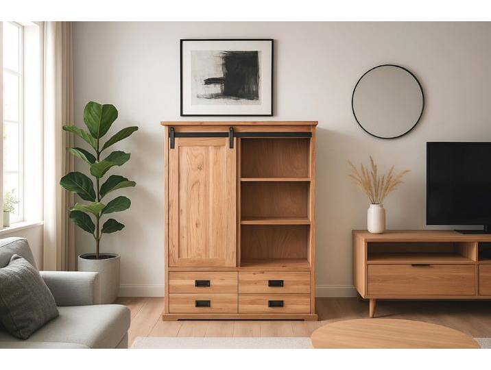 SAM® Highboard Fritz, Akazienholz, mit Baumkante oder gerader Kante, Industrial-Design, gerade Kante von SAM-Stil-Art-Möbel