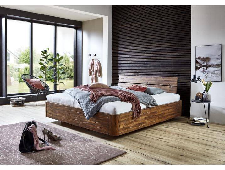 Schwebebett Holzbett Akazienholz 140 x 200 cm geteiltes Kopfteil LANZAROTE von Möbelliebling