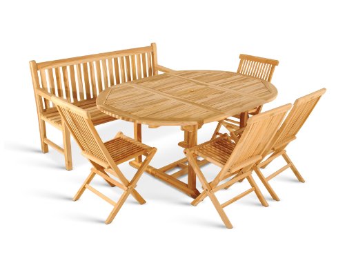 SAM® Teak Holz Gartengruppe Borneo, Gartenmöbel 6tlg., Sitzgruppe aus 1 x Auszugstisch + 4 Klappstuhl Menorca + 3er Sitzbank Caracas von SAM