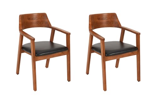 SAM 2er Set Esszimmerstuhl Angel, Akazienholz nussbaumfarben, schwarzes Echtleder, Holzstuhl mit Armlehnen, ergonomischer Massivholz-Sessel mit Leder-Bezug, Stuhl für Küche, Esszimmer & Wohnzimmer von SAM