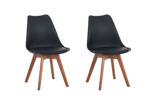 SAM 2er Set Esszimmerstuhl Lovelace | Farbe: Schwarz | Sitzschale Kunststoff & Sitzpolster Kunstleder | Stuhlbeine Massivholz Akazienfarben | 49 x 54 x 82 cm | Schalenstuhl skandinavischer Stil von SAM