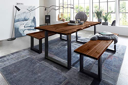 SAM 3 TLG. Essgruppe Quintus, Baumkantentisch 140x80 cm & -Bank 140x42 cm, Akazienholz massiv, nussbaumfarben, U-Gestell Schwarz von SAM
