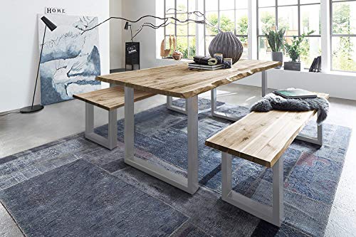 SAM 3 TLG. Essgruppe Quintus, Baumkantentisch 220x100 cm & -Bank 220x42 cm, Akazienholz massiv, naturfarben, U-Gestell Silber von SAM