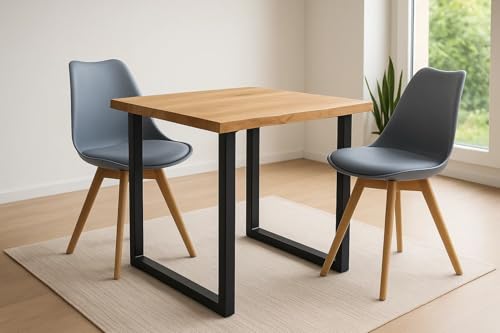 SAM 3tlg. Essgruppe Seattle| Esstisch mit 2 Stühlen | 80x80 cm mit echter Baumkante | Eiche/Wildeiche massiv | U-Gestell Schwarz | 2X Schalenstuhl Grau inkl. Sitzkissen von SAM