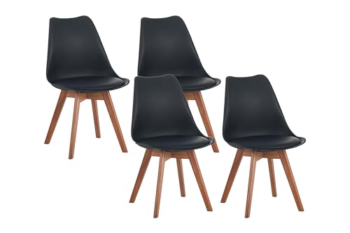 SAM 4er Set Esszimmerstuhl Lovelace | Farbe: Schwarz | Sitzschale Kunststoff & Sitzpolster Kunstleder | Stuhlbeine Massivholz Akazienfarben | 49 x 54 x 82 cm | Schalenstuhl skandinavischer Stil von SAM