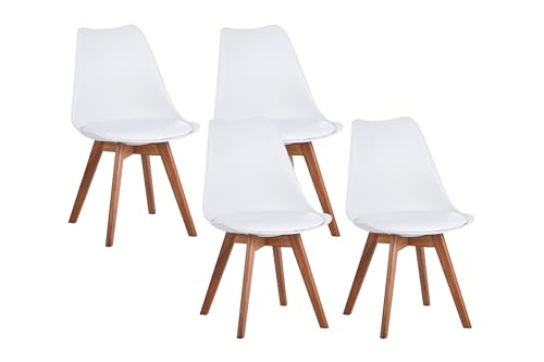 SAM 4er Set Esszimmerstuhl Lovelace | Farbe: Weiß | Sitzschale Kunststoff & Sitzpolster Kunstleder | Stuhlbeine Massivholz Akazienfarben | 49 x 54 x 82 cm | Schalenstuhl skandinavischer Stil von SAM