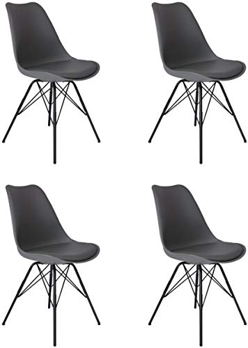 SAM 4er Set Schalenstuhl Lerche, grau, integriertes Kunstleder-Sitzkissen, Schwarze Metallfüße, Esszimmerstuhl im skandinavischen Stil von SAM
