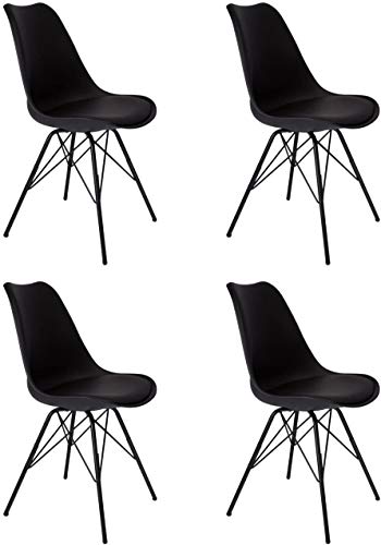 SAM 4er Set Schalenstuhl Lerche, schwarz, integriertes Kunstleder-Sitzkissen, Schwarze Metallfüße, Esszimmerstuhl im skandinavischen Stil von SAM