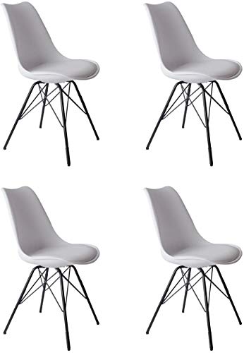 SAM 4er Set Schalenstuhl Lerche, weiß, integriertes Kunstleder-Sitzkissen, Schwarze Metallfüße, Esszimmerstuhl im skandinavischen Stil von SAM
