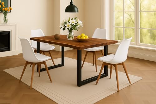 SAM 5-TLG. Essgruppe Quinn | Esstisch mit 4 Stühlen | 140x80 cm | Esstisch mit echter Baumkante | Akazienholz massiv + Nussbaumfarben | U-Gestell Schwarz | 4X Schalenstuhl Weiß SAM 5-TLG. Essgruppe Quinn | Esstisch mit 4 Stühlen | 140x80 cm | Esstisch mit echter Baumkante | Akazienholz massiv + Nussbaumfarben | U-Gestell Schwarz | 4X Schalenstuhl Weiß von SAM
