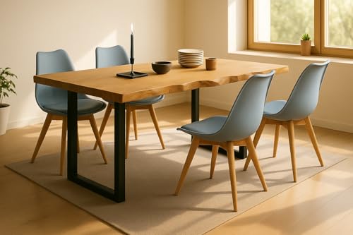 SAM 5tlg. Essgruppe Seattle| Esstisch mit 4 Stühlen | 140x80 cm mit echter Baumkante | Eiche/Wildeiche massiv | U-Gestell Schwarz | 4X Schalenstuhl Grau inkl. Sitzkissen von SAM
