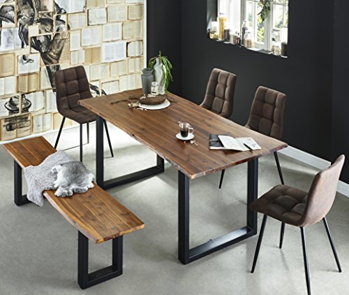 SAM 6 TLG. Essgruppe Esra, Baumkantentisch 140x80 cm & -Bank 140x40 cm, Akazie-Holz Cognacfarben, Gestell schwarz, 4X Schalenstuhl ULF braun von SAM