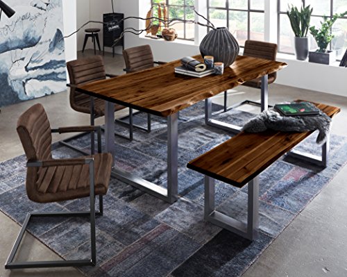 SAM 6 TLG. Essgruppe Quintus, Baumkantentisch 200x100 cm & -Bank 200x42 cm, Akazie-Holz nussbaumfarben, Gestell Silber, 4X Schwingstuhl Parzivo Wildleder-Optik von SAM