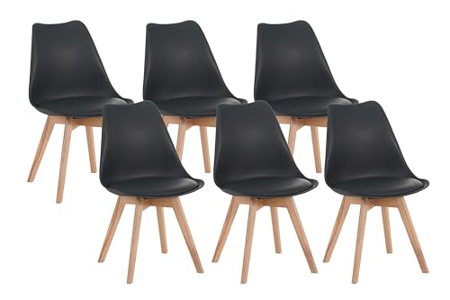 SAM 6er Set Esszimmerstuhl Lovelace | Farbe: Schwarz | Sitzschale Kunststoff & Sitzpolster Kunstleder | Stuhlbeine Massivholz Buche | 49 x 54 x 82 cm | Schalenstuhl skandinavischer Stil von SAM