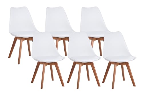 SAM 6er Set Esszimmerstuhl Lovelace | Farbe: Weiß | Sitzschale Kunststoff & Sitzpolster Kunstleder | Stuhlbeine Massivholz Akazienfarben | 49 x 54 x 82 cm | Schalenstuhl skandinavischer Stil von SAM