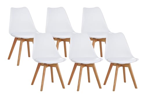SAM 6er Set Esszimmerstuhl Lovelace | Farbe: Weiß | Sitzschale Kunststoff & Sitzpolster Kunstleder | Stuhlbeine Massivholz Eichenfarben | 49 x 54 x 82 cm | Schalenstuhl skandinavischer Stil von SAM