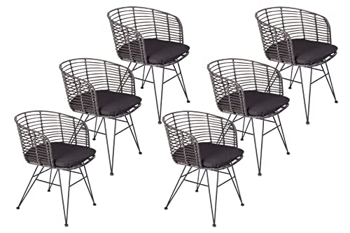 SAM 6er Set Rattanstuhl Nairobi, Farbe Anthrazit, inklusive Sitzkissen, Korbstuhl mit Metallfüßen, Geflechtstuhl/Eisenstuhl im Retro-Design, Esszimmerstuhl mit Armlehnen von SAM