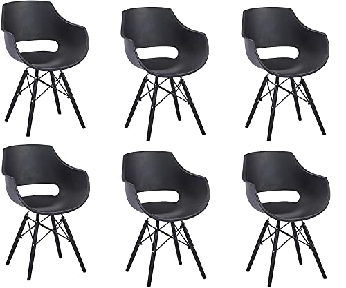 SAM 6er Set Schalenstuhl Lea, Schwarz, ergonomisch geformte Sitzschale aus Kunststoff, bequemer Esszimmerstuhl im Retro-Design, Holzgestell schwarz von SAM