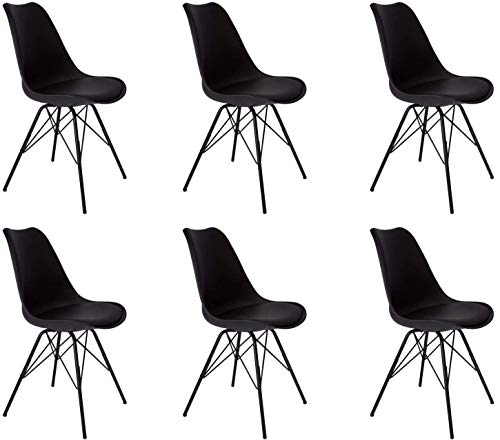 SAM 6er Set Schalenstuhl Lerche, Kunststoffschale schwarz, integriertes Kunstleder-Sitzkissen, Schwarze Metallfüße, Esszimmerstuhl im skandinavischen Stil, Pflegeleichte Stühle von SAM