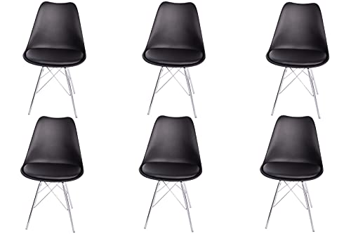 SAM 6er Set Schalenstuhl Lerche, Sitzschale schwarz, integriertes Kunstleder-Sitzkissen, Stuhl mit Gestell aus Chrom, Esszimmerstuhl im skandinavischen Stil von SAM
