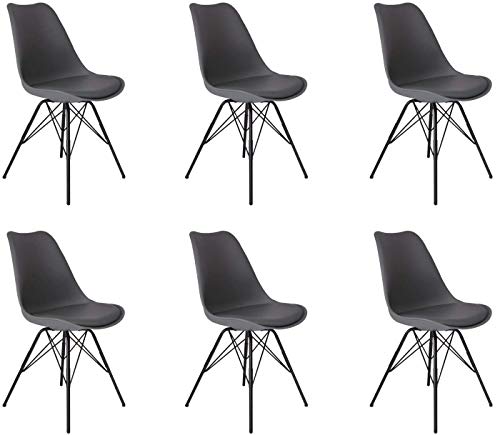 SAM 6er Set Schalenstuhl Lerche, graue Sitzschale, integriertes Kunstleder-Sitzkissen, Schwarze Metallfüße, Esszimmerstuhl im skandinavischen Stil von SAM