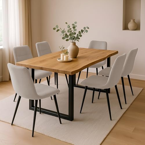 SAM 7 TLG. Essgruppe Josy | 140 x 80 cm | Holz Wildeiche-Optik | Stuhl Set Susi Creme | U-Gestell Schwarz | Esstisch mit 6 Stühlen | Esszimmertisch/Küchentisch/Holztisch | Esszimmer von SAM