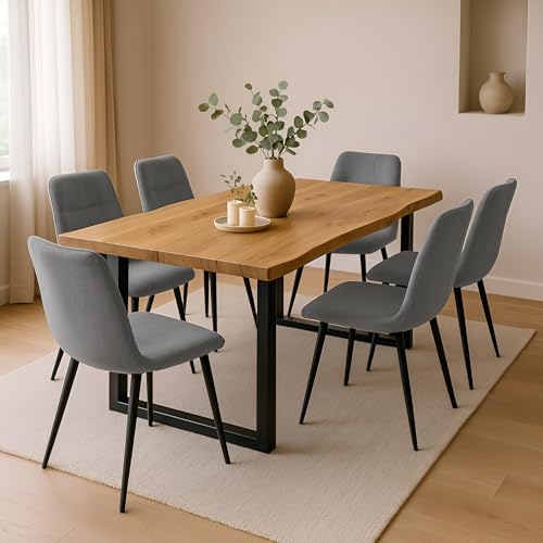 SAM 7 TLG. Essgruppe Josy | 140 x 80 cm | Holz Wildeiche-Optik | Stuhl Set Susi Grau | U-Gestell Schwarz | Esstisch mit 6 Stühlen | Esszimmertisch/Küchentisch/Holztisch | Esszimmer von SAM