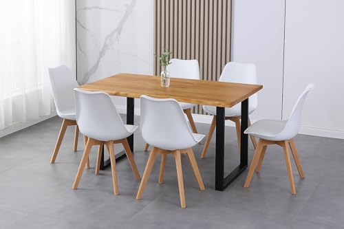 SAM 7 TLG. Essgruppe Josy | Esstisch 220x100 cm mit Baumkante | Holz Wildeiche-Optik | 40 mm Platte | U-Gestell Schwarz | 6X Schalenstuhl Weiß + Buche-Gestell von SAM