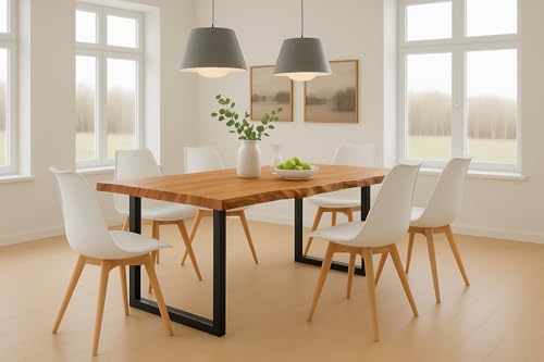 SAM 7-TLG. Essgruppe Quinn | Esstisch mit 6 Stühlen | 200x100 cm | Esstisch mit echter Baumkante | Akazienholz massiv + Naturfarben | U-Gestell Schwarz | 6X Schalenstuhl Weiß SAM 7-TLG. Essgruppe Quinn | Esstisch mit 6 Stühlen | 200x100 cm | Esstisch mit echter Baumkante | Akazienholz massiv + Naturfarben | U-Gestell Schwarz | 6X Schalenstuhl Weiß von SAM