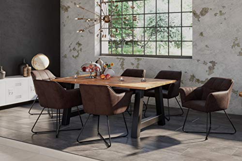 SAM 7tlg. Essgruppe Dora 160 x 85 cm, Mangoholz massiv & naturfarben, Baumkantentisch mit A-Metallgestell in Mattschwarz + 6X Stuhl Kirin in Wildleder-Optik von SAM